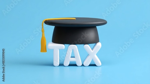 Graduation Cap with Tax Word, Symbolizing Financial Education and Study of Taxation Concepts in Academic Environment