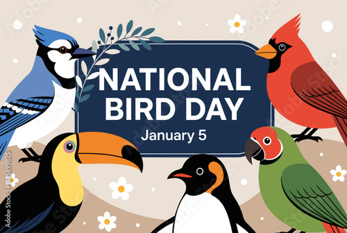 An illustration celebrating National Bird Day on January 5th, featuring a diverse group of birds including a blue jay, cardinal, toucan, penguin, and parrot, surrounded by leaves and flowers.