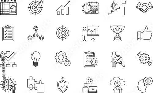 Business Strategy and Success Line Icon Set, including Target Goal, Teamwork, Innovation, Planning Schedule, Growth Chart, Problem Solving, Achievement, and Management Development Symbols for Web.