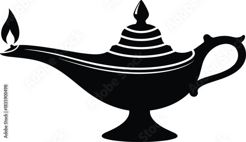 Black silhouette of a magic lamp with a flame on a white background genie lamp aladdin lamp