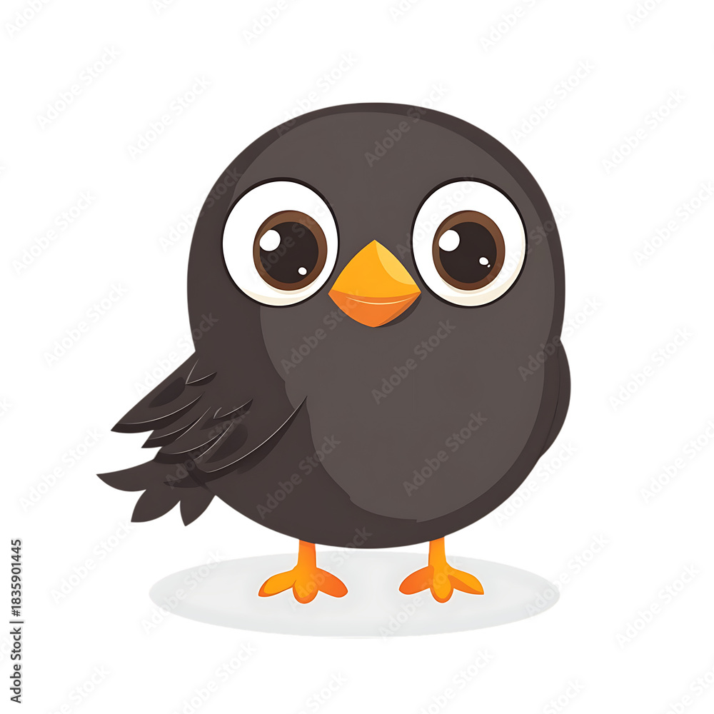 Fototapeta premium Cute cartoon black bird with big eyes and orange beak standing on a white circle isolated on transparent background