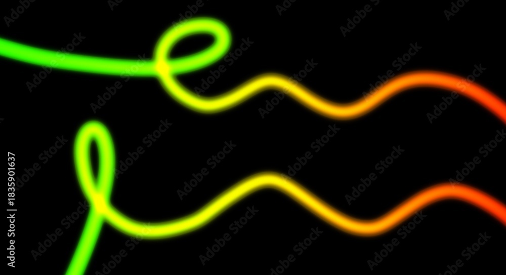 Obraz premium Glowing neon lines horizontal flow seamless loop of light beams or light streak rays on black background. Abstract glowing neon lines calligraphy lines colorful backdrop design.