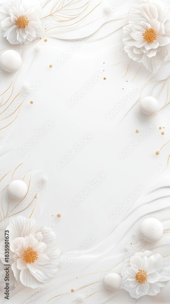 Obraz premium Elegant white flowers with intricate gold lines on pure white background stunning floral design art.