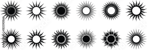 Collection of black and white sun symbols with radiating rays and circular borders Keywords: sun, sun symbol, sun icon, sun