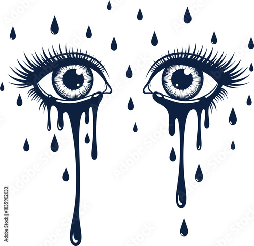 Surreal two-color vector of giant crying eyes with melting eyelashes and floating tears on white background