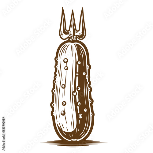 Artistic brown sketch vintage illustration of a cucumber with a fork design element
