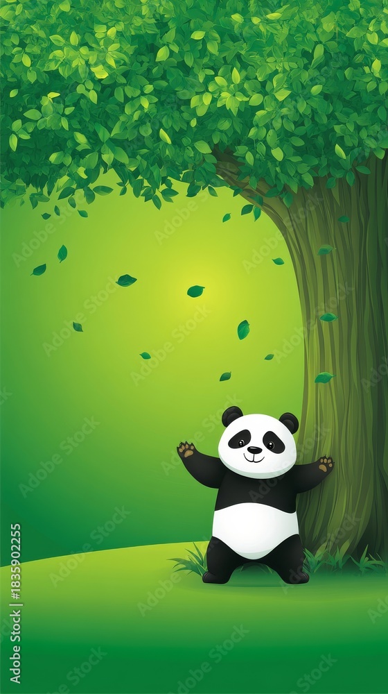 Fototapeta premium Adorable panda bear illustration relaxing under green tree nature wildlife cartoon art.