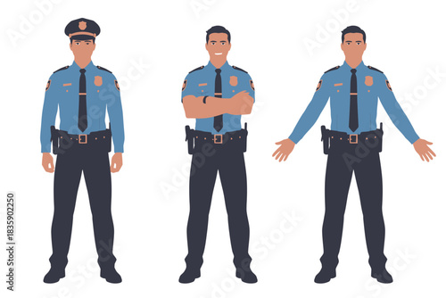 Set of police officer characters in uniform full body vector illustration isolated on white background