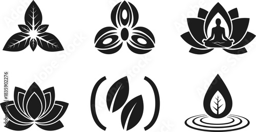 Collection of Black Silhouette Icons Representing Nature and Wellness lotus