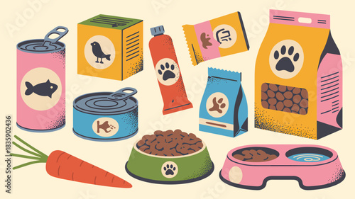 Collection of pet food products including canned goods dry kibble and treats vector illustration for pet care and nutrition