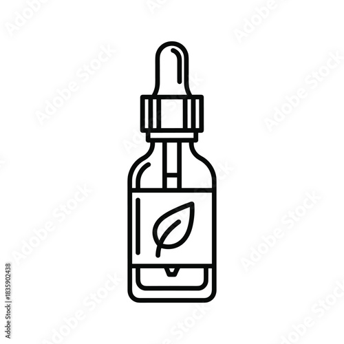 Natural Essential Oil Dropper Bottle with Leaf Symbol Line Icon