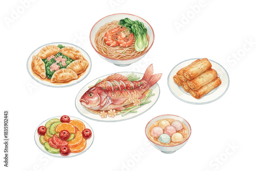 watercolor lunar new year chinese cuisine