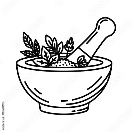 Mortar and Pestle with Herbs Line Art Icon