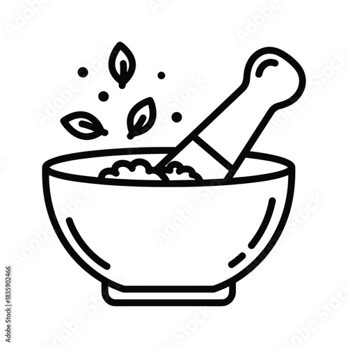 Mortar and Pestle with Herbs and Spices Line Icon