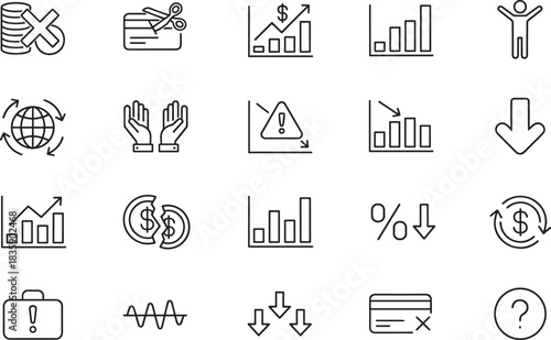 Financial Crisis and Recession Line Icon Set, including Market Downturn, Economic Loss, Bearish Trend, Percentage Drop, Decreasing Sales, and Investment Risk Symbols for Data Analysis.