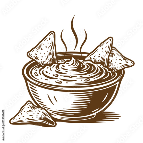 Delicious creamy dip with crispy tortilla chips sketch illustration on white background