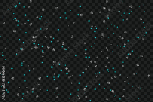 Falling abstract glitter particles and small turquoise dots on black