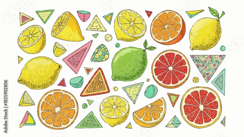 Colorful citrus fruit slices and whole fruits arranged artistically.