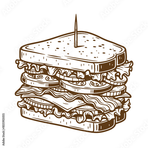 Delicious vintage sketch illustration of a classic club sandwich with all the fresh ingredients