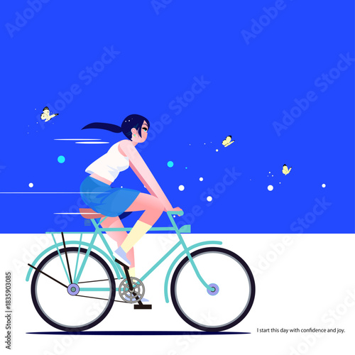 女性が楽しそうに自転車に乗っており、周囲には蝶が舞っています。