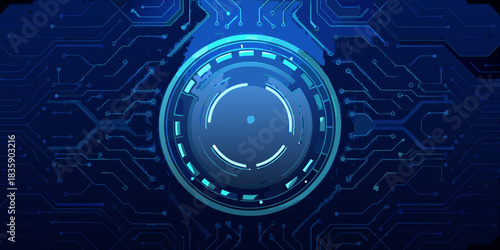 Abstract blue circuit board background with central round element