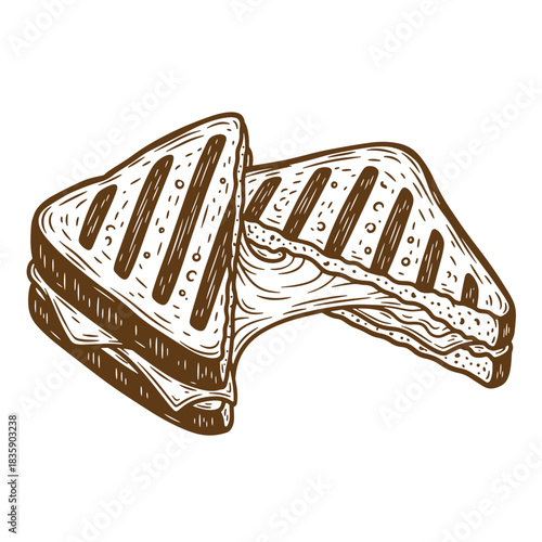 Delicious vintage sketch illustration of two grilled cheese sandwiches with melted cheese