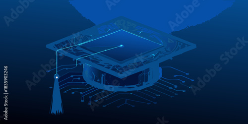 Digital graduation cap with circuit board design on blue background