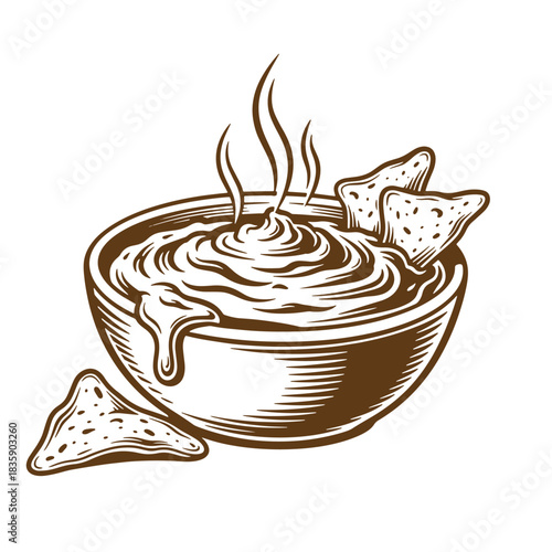 Delicious vintage sketch of hot bowl of cheese dip with crunchy tortilla chips