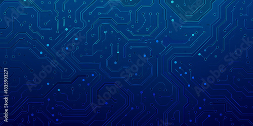 Blue circuit board background with lines and dots for technology and innovation