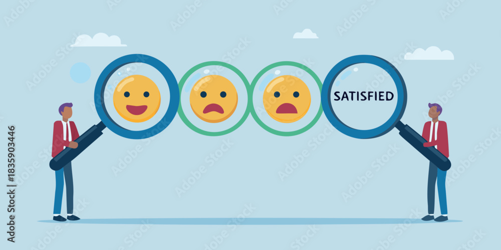 Fototapeta premium Customer satisfaction survey illustration with magnifying glass and feedback emoticons