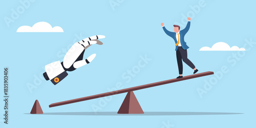 Human versus ai balance a businessman on a seesaw with a robot arm