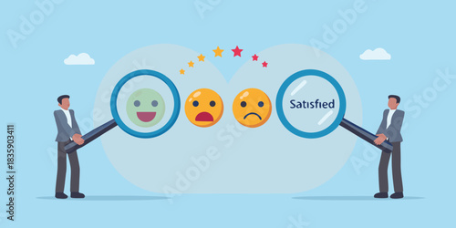 Customer feedback analysis with magnifying glass and rating scale of satisfaction