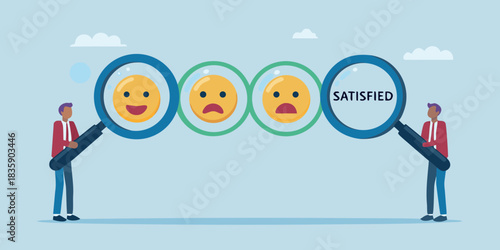 Customer satisfaction survey illustration with magnifying glass and feedback emoticons