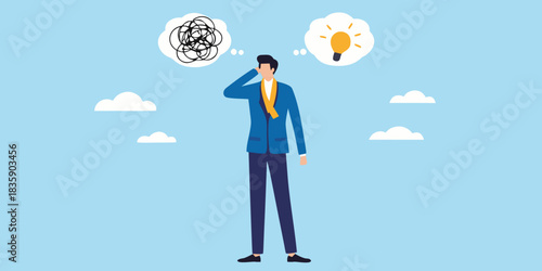 Businessman with confused thoughts and a bright idea illustration