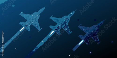Abstract fighter jets in formation against a dark blue background