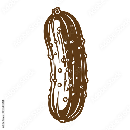 Detailed brown sketch of a pickled cucumber depicting vintage food illustration