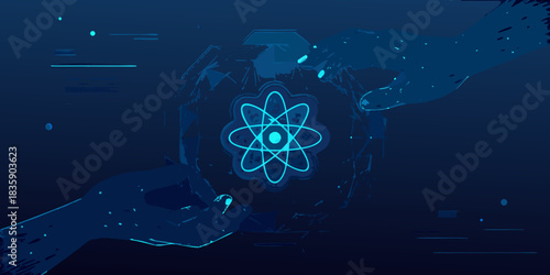 Hands holding atom symbol with digital technology and science background