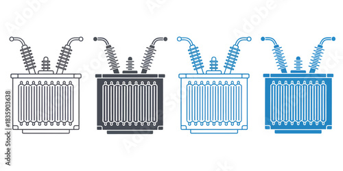 Set of electrical transformer icons vector line art illustration for power distribution isolated on white background