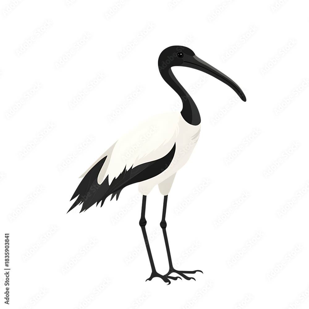 Obraz premium A striking illustration of an australian white ibis bird with its distinctive long curved beak and elegant black and white plumage isolated on transparent background