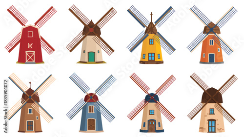 Collection of colorful windmill illustrations vector set of agricultural buildings isolated on a white background