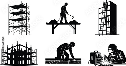 Construction Worker Silhouettes With Scaffolding And Building Elements vector illustration