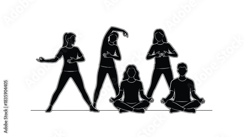 Group of people performing yoga and meditation silhouette isolated on white background