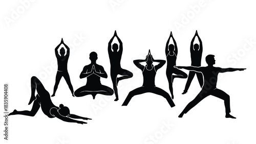 Diverse group of people practicing yoga poses silhouette isolated on white background