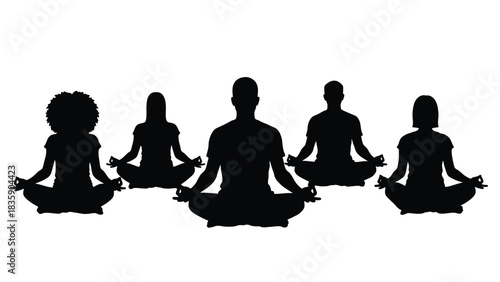 Group of diverse people meditating in lotus pose silhouette isolated on white background