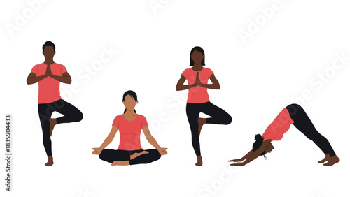 Diverse people practicing yoga poses silhouette isolated on white background