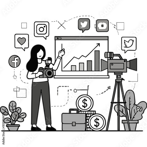 Woman With Camera Presents Growth Chart With Social Media Icons Financial Growth And Business Strategy Illustration