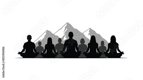 Group of people meditating in lotus pose with mountains silhouette isolated on white background