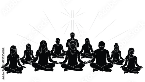 Group of people meditating in a circle with a cross symbol above them silhouette isolated on white background