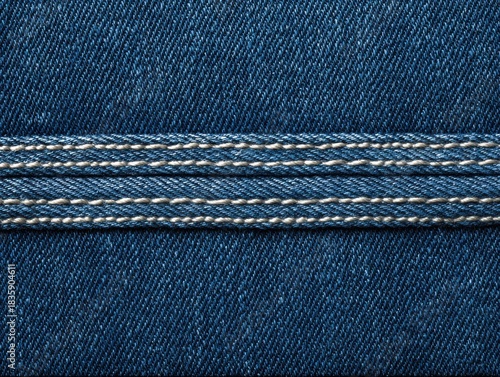 Deep classic blue denim fabric showcases a detailed seamless wove texture pattern highlighting the sturdy double stitching for durable textile construction.