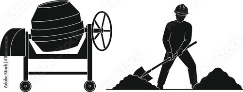 Construction Worker With Shovel And Cement Mixer Silhouette vector illustration